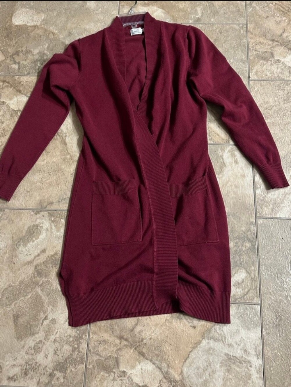 Cielo Open-Front Long Cardigan in Burgundy Is A Size XL.